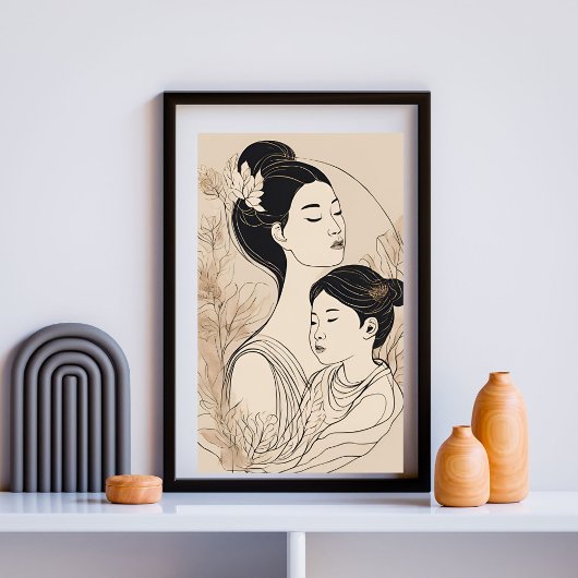 Asian Mother & Daughter – Minimalist Boho Line Art Poster