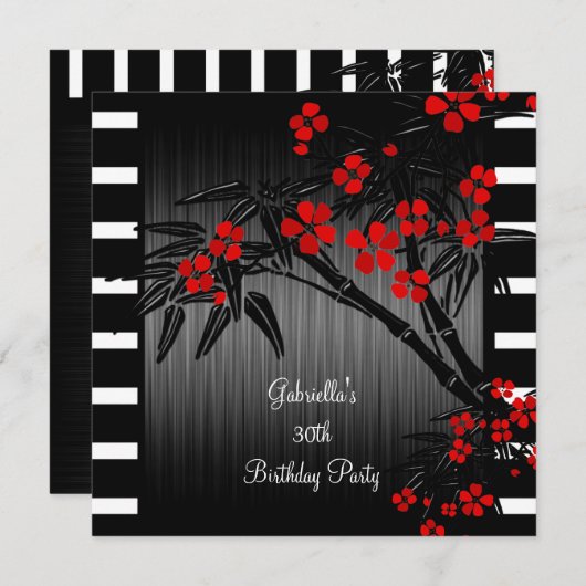 Asian Red Floral Schwarz-weiß Bamboo 30. Geburtsta Einladung (Vorne/Hinten)