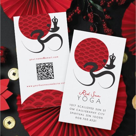 Asian Red Sun Yoga & Modern Zen Calligraphy Om Om Visitenkarte