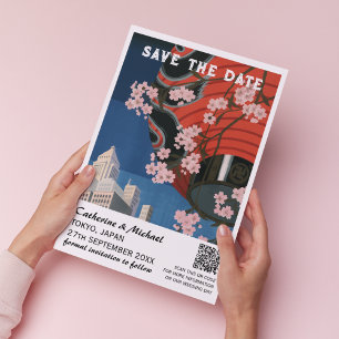 Asian Vintage Wedding Travel Poster Style QR Code Save The Date