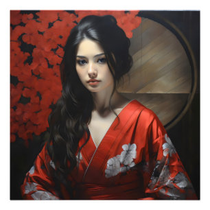 Asiatin im roten Kimono Fotodruck