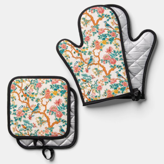 Asiatisch Inspirierte Muster, farbenfrohe Blume Vö Ofenhandschuh & Topflappen-Set (Vorderseite/Rückseite)
