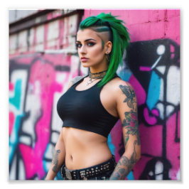 Asiatisch schönes Grünes Haar Tattooed Punk Graffi Fotodruck