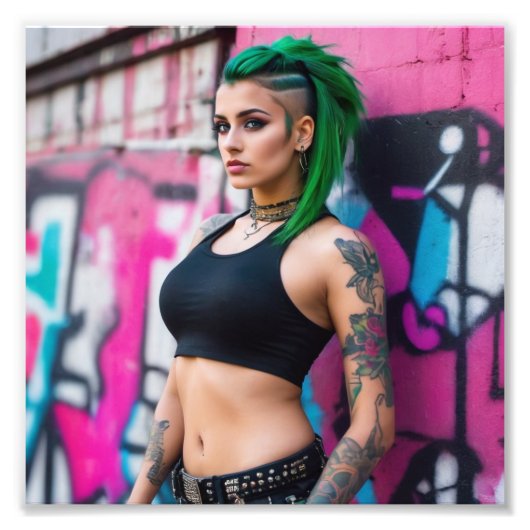 Asiatisch schönes Grünes Haar Tattooed Punk Graffi Fotodruck (Vorne)
