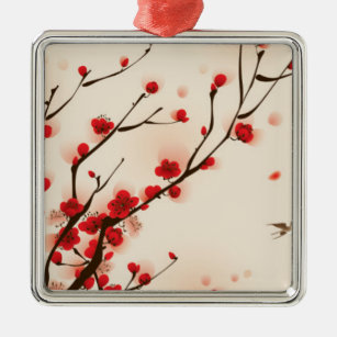 Asiatische Art-Malerei, Pflaumen-Blüte im Frühjahr Silbernes Ornament
