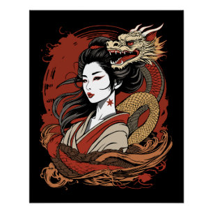 Asiatische Frau   Chinesischer Drache Poster