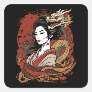Asiatische Frau Chinesischer Drache Quadratischer Aufkleber