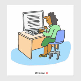 Asiatische Frau, die an einem Computeraufkleber ar Aufkleber