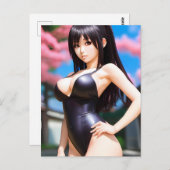 Asiatische Frau in einem Lederanzug im Frühling Postkarte (Vorne/Hinten)