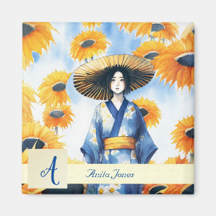 Asiatische Frau mit Sonnenblumen Magnet