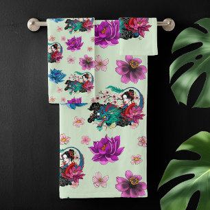 Asiatische Geisha-Drache Kirschblüten Blau Badhandtuch Set