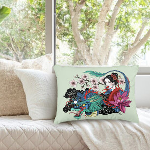 Asiatische Geisha-Drache Kirschblüten Blau Dekokissen