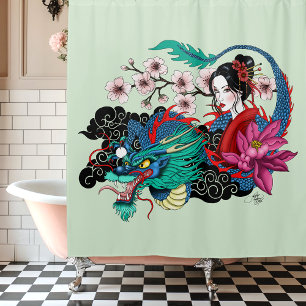 Asiatische Geisha-Drache Kirschblüten Blau Duschvorhang