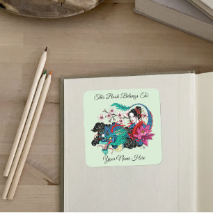 Asiatische Geisha-Drache-Kirschblüten-Blau-Exlibri Quadratischer Aufkleber