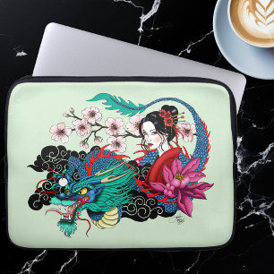Asiatische Geisha-Drache Kirschblüten Blau Laptopschutzhülle