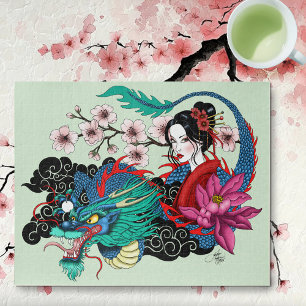 Asiatische Geisha-Drache Kirschblüten Blau Puzzle