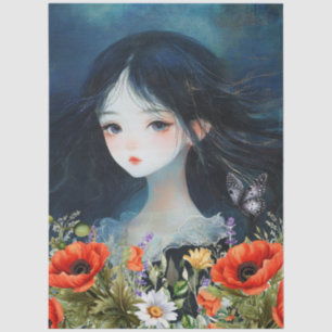 Asiatische Girl Wildblumen & Red Poppies Abstrakte Seidenpapier