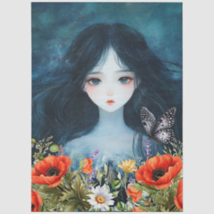 Asiatische Girl Wildblumen & Red Poppies Abstrakte Seidenpapier