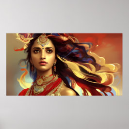 Asiatische Indianerin farbiges Rot Gold Blau Poster