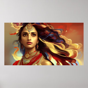Asiatische indische Frau farbenfrohes Rot Gold Bla Poster