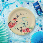 Asiatische Kranplatte Blume Elfenbeinrosa Pappteller (Party)