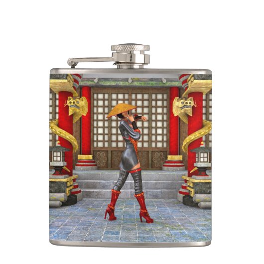 Asiatische Kriegerin Fantasy Samurai Kunstwerk Flachmann (Vorderseite)