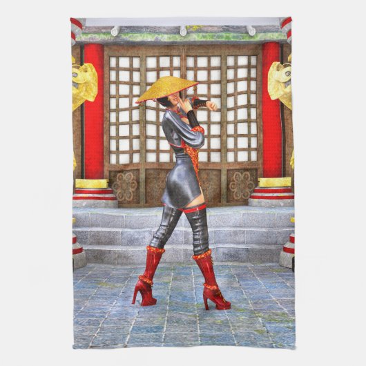 Asiatische Kriegerin Fantasy Samurai Kunstwerk Geschirrtuch (Vertikal)