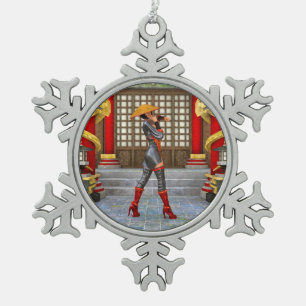 Asiatische Kriegerin Fantasy Samurai Kunstwerk Schneeflocken Zinn-Ornament