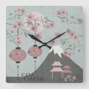 Asiatische Landschaftsblüte Kunst Quadratische Wanduhr