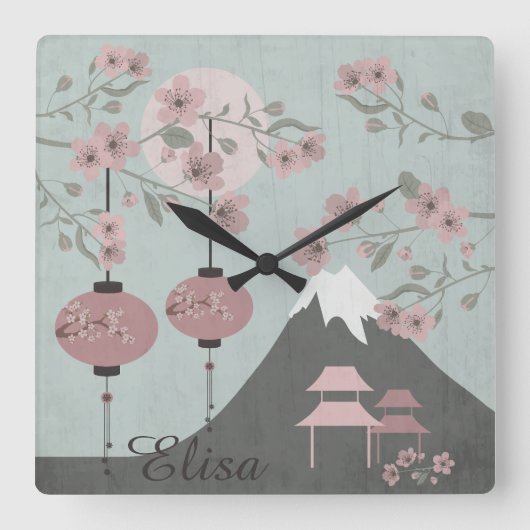 Asiatische Landschaftsblüte Kunst Quadratische Wanduhr (Vorderseite)