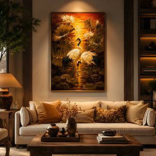 Asiatische Liebe & Frieden Lotus Kraniche Ölgemäld Poster