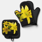 Asiatische Lilien auf schwarz Ofenhandschuh & Topflappen-Set (Vorderseite/Rückseite)