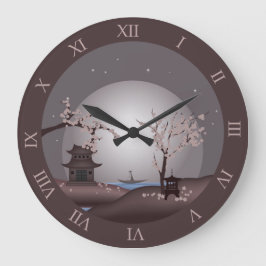 Asiatische Mondlicht-Rosa-Blüte Pagode digitale Ku Große Wanduhr