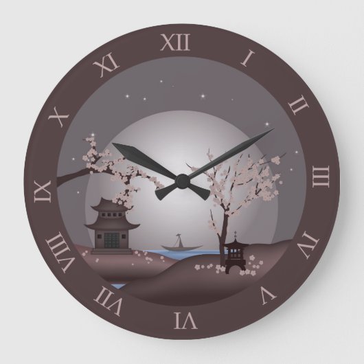 Asiatische Mondlicht-Rosa-Blüte Pagode digitale Ku Große Wanduhr (Vorderseite)