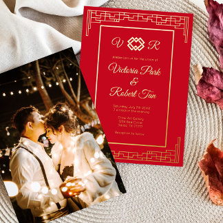 Asiatische Monogramm Rot Goldfolie Foto Hochzeit Folieneinladung