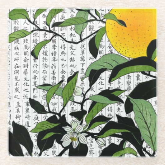 Asiatische Orangenblüten im Kanji Hintergrund Glasuntersetzer (Vorderseite)