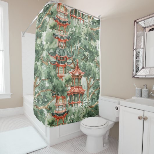 Asiatische Pagode in Verdant Landscape (17) Duschvorhang (Beispiel)
