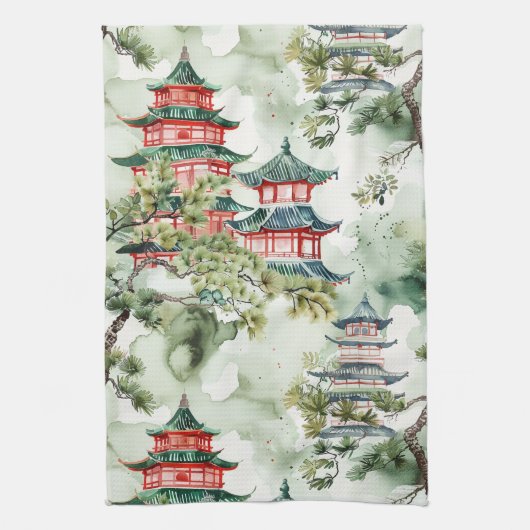 Asiatische Pagode in Verdant Landscape (4) Geschirrtuch (Vertikal)