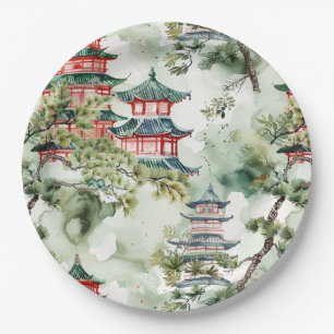 Asiatische Pagode in Verdant Landscape (4) Pappteller