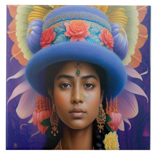 Asiatische Prinzessin mit großem blauen Hut Fliese (Vorderseite)