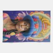 Asiatische Prinzessin mit großem blauen Hut Geschirrtuch (Horizontal)