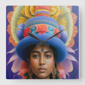 Asiatische Prinzessin mit großem blauen Hut Quadratische Wanduhr (Vorderseite)