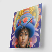 Asiatische Prinzessin mit großem blauen Hut Quadratische Wanduhr (Winkel)