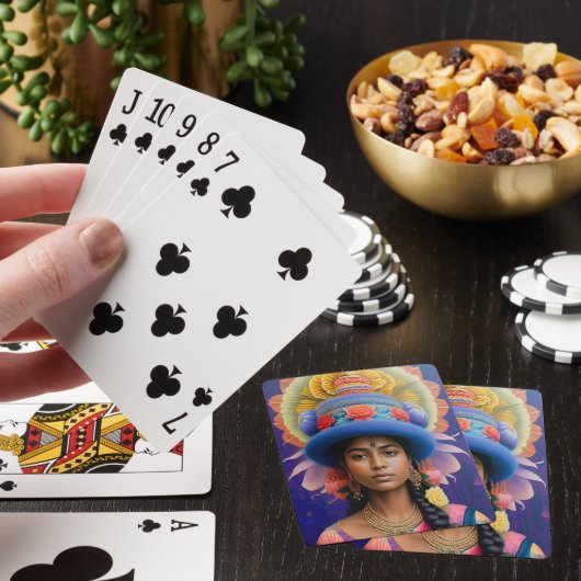 Asiatische Prinzessin mit großem blauen Hut Spielkarten (In Situ)