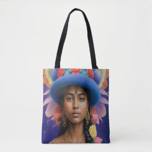 Asiatische Prinzessin mit großem blauen Hut Tasche