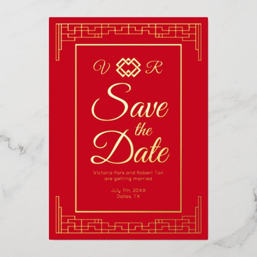 Asiatische Red Gold Foil Wedding Save the Date Fot Folieneinladung (Vorderseite)