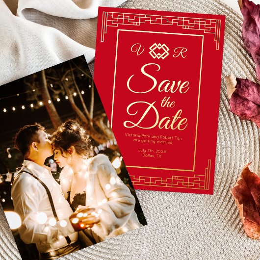 Asiatische Red Gold Foil Wedding Save the Date Fot Folieneinladung