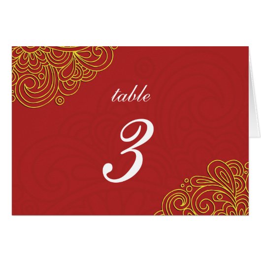 Asiatische Red Swirl Damask Wedding-Tischnummer (Vorderseite (Horizontal))