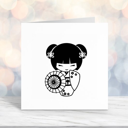 Asiatische Regenschirmmädchen in Kimono Farbe: Permastempel