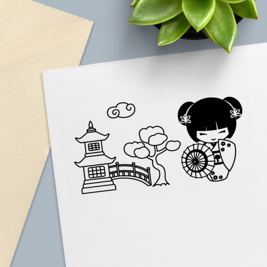 Asiatische Regenschirmmädchen in Kimono Scrapbook Permastempel